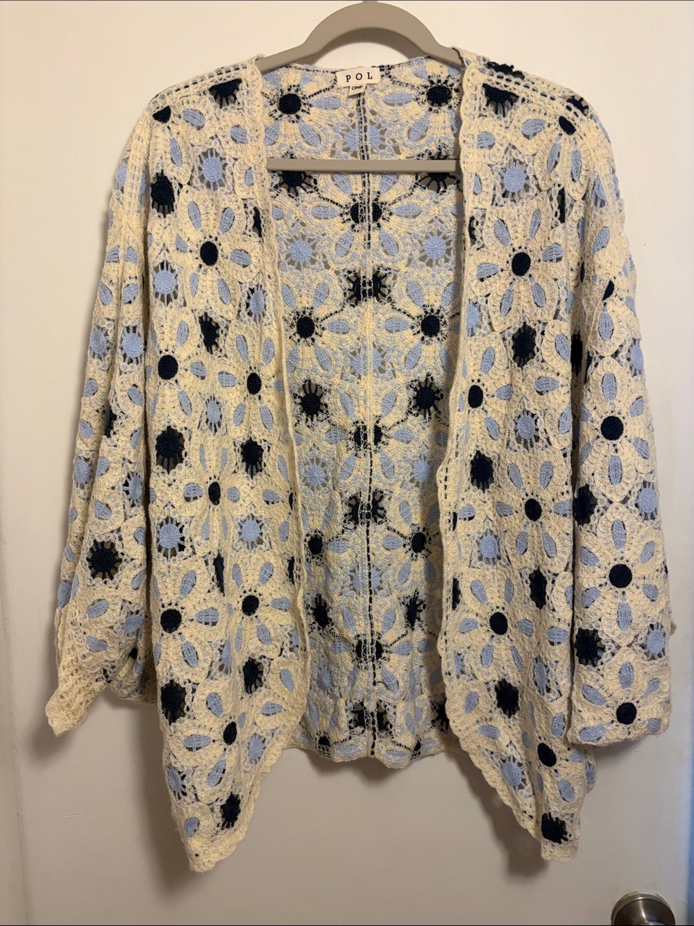 POL DAISY crochet cardigan Sweater in Cream with Blue & Black Accents BRAND NEW